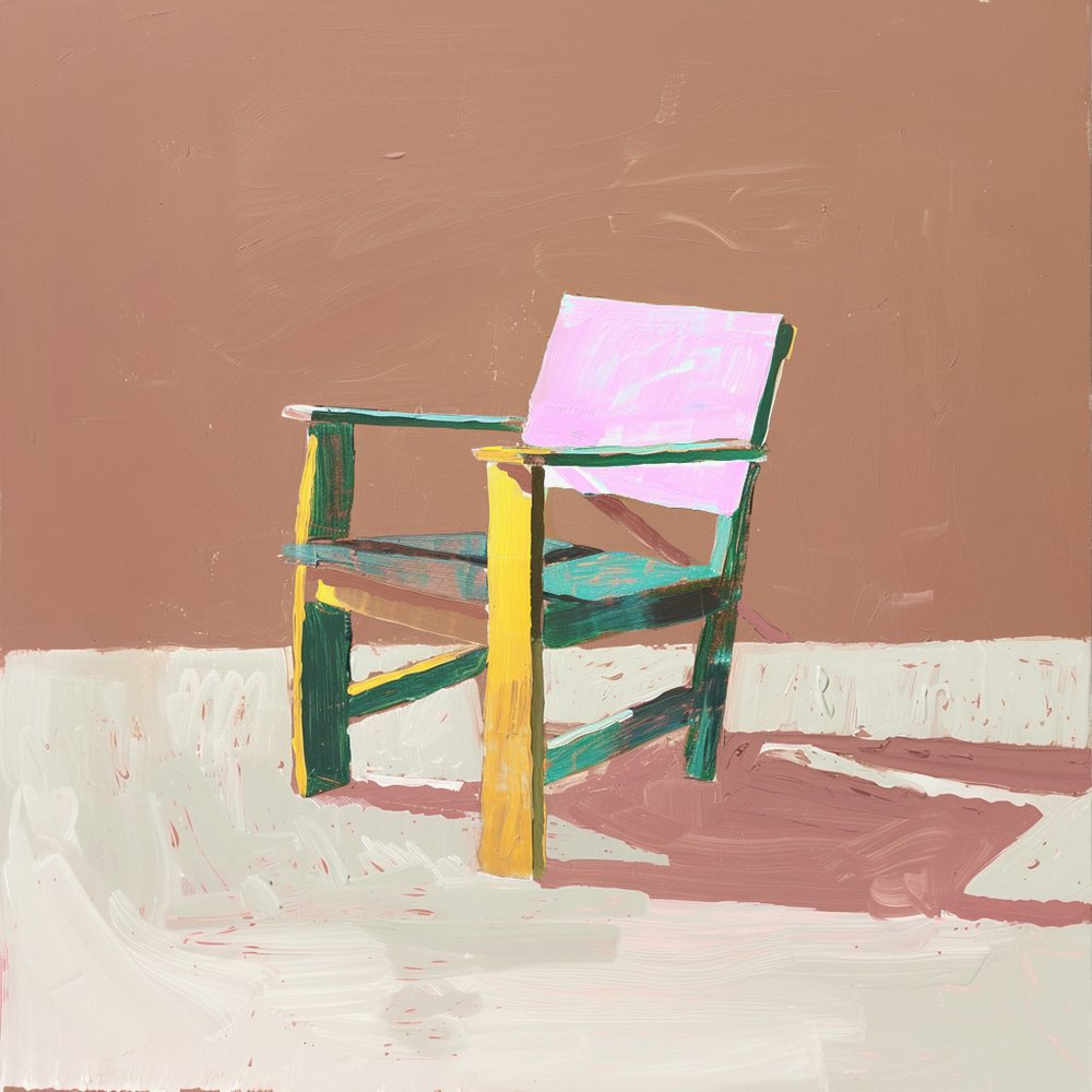 A wooden chair in a colourful painting
